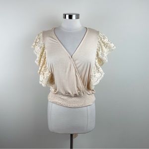 Hayden Cream Lace Ruffle Boho Bohemian Blouse Top Women Large